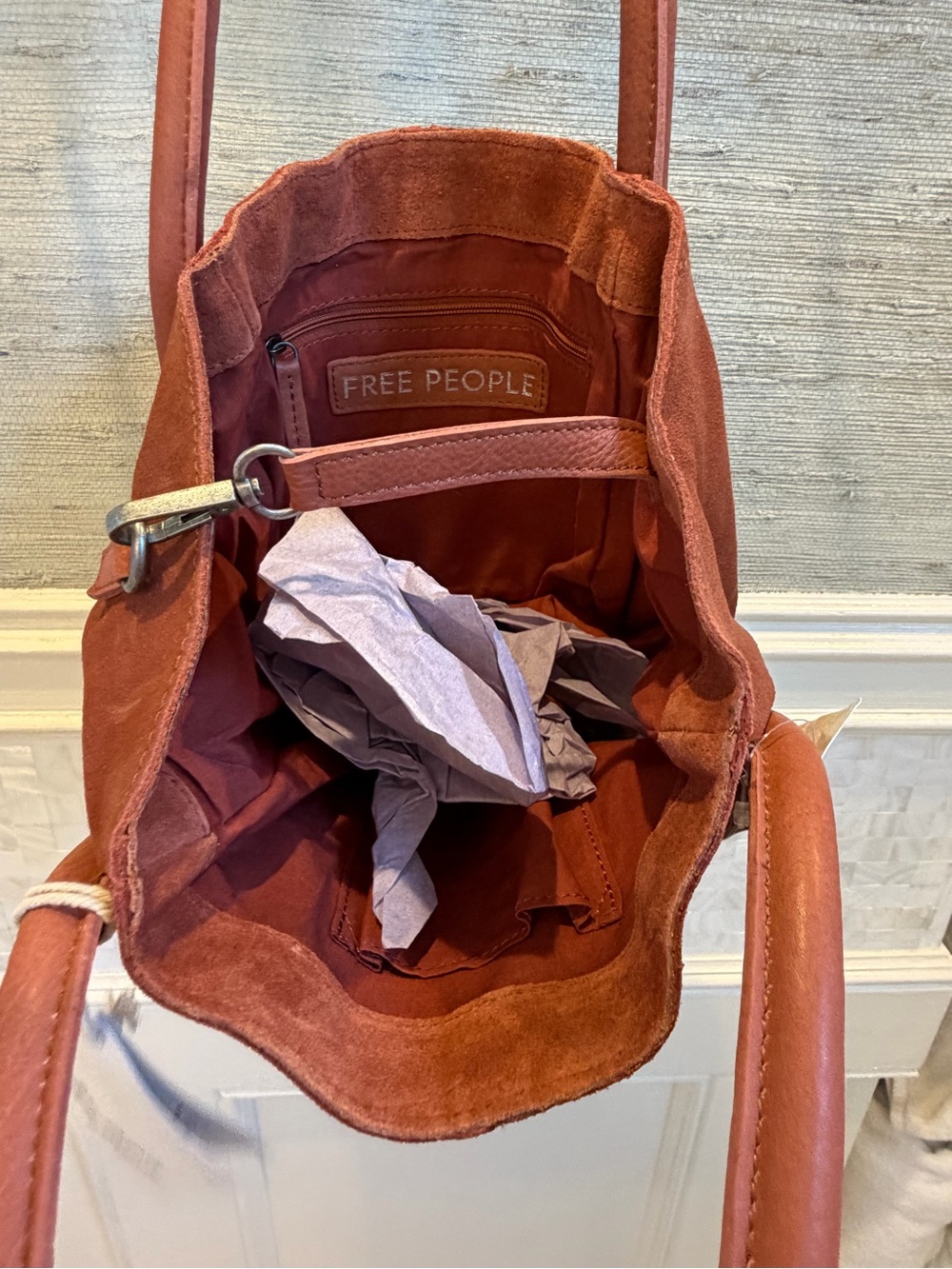 NWT new free people Barlow suede bucket bag tote rust orange brown - Picture 6 of 16